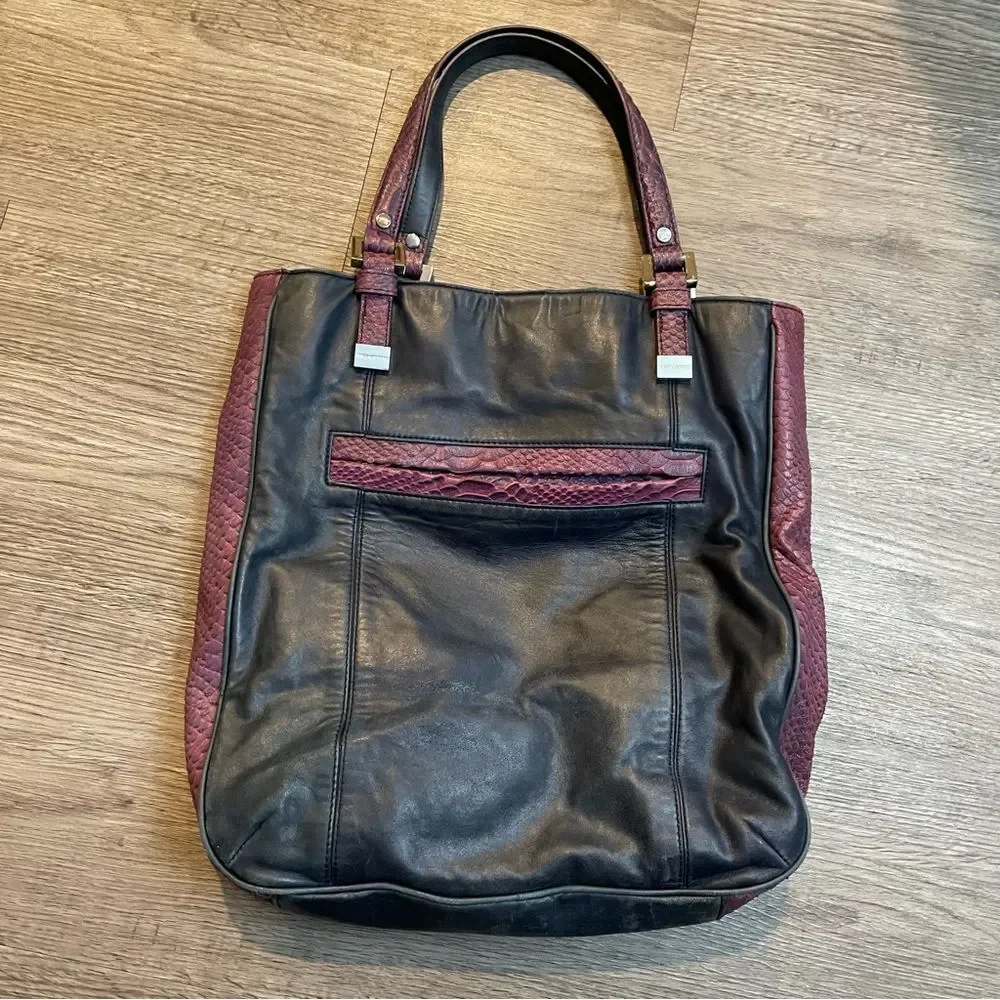 JUICY COUTURE Navy & Purple Lambskin Leather Snake Skin Tote Bag